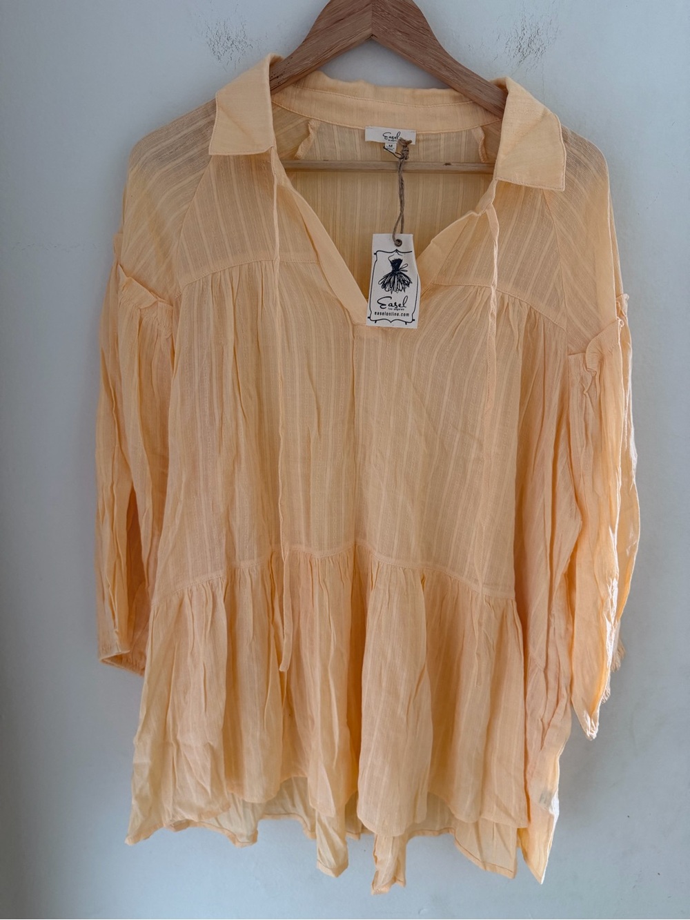 NWT Easel Textured Stripe Cotton Gauze Babydoll Tunic Top Peach Butter Yellow M